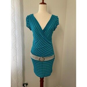 Vintage Deb Y2K Bodycon Dress Size Large Drop Waist Blue Striped Wrap Belted